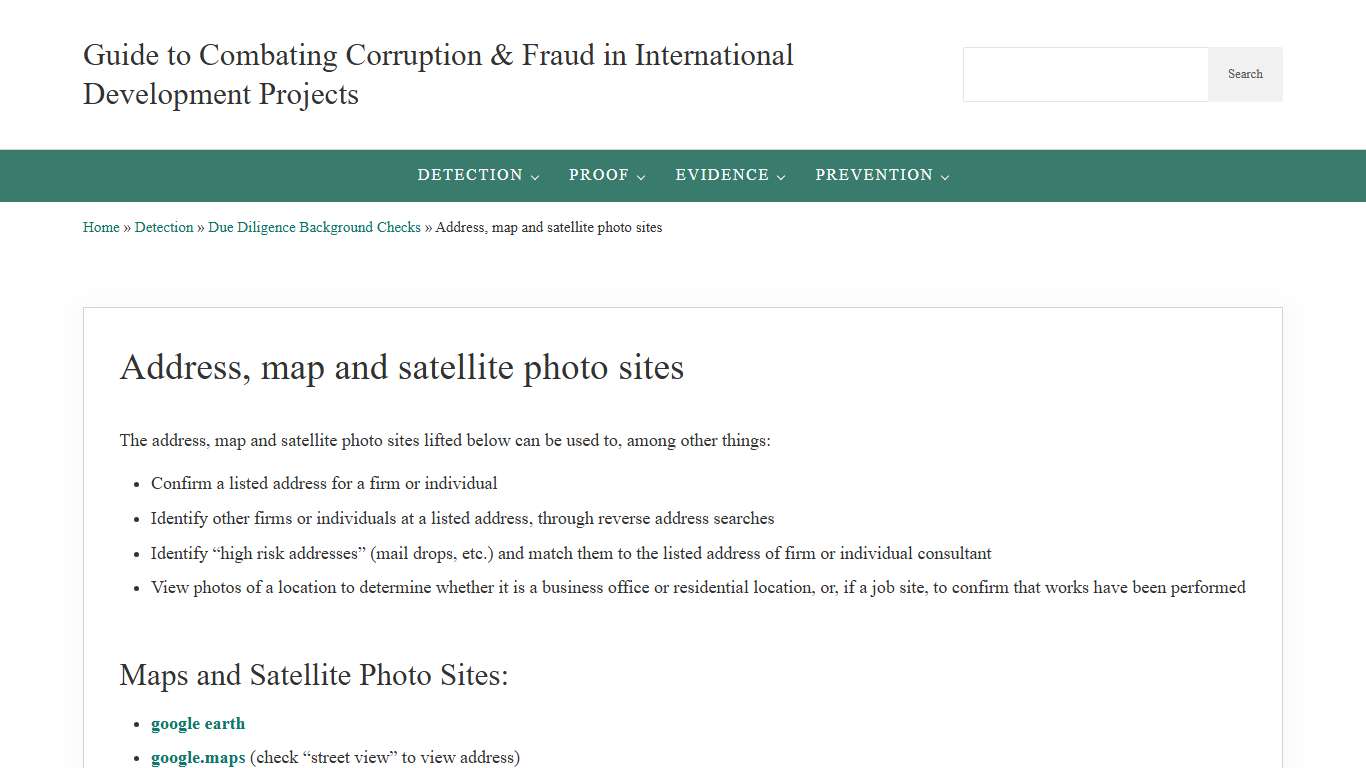 Address, map and satellite photo sites Guide to Combating Corruption & Fraud in International Development Projects